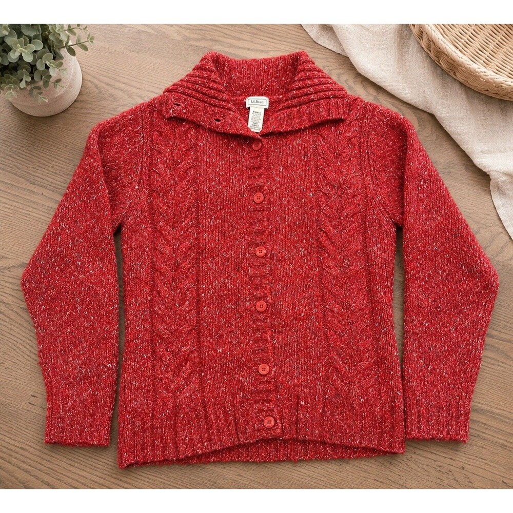 L.L. Bean Size M Cardigan Knit Sweater Wool Blend Cozy Granny Holiday Christmas